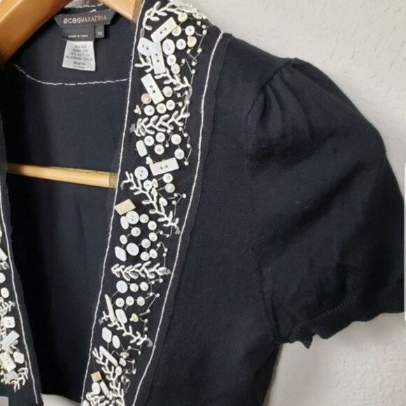 BCBGMaxazria black short-sleeved crop top with crossed tie and rhinestones XS - Picture 5 of 8